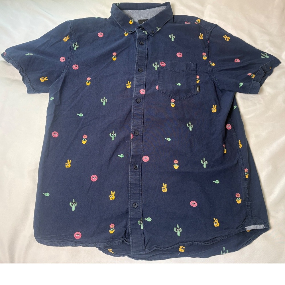 Vans Button Down Shirt Mens Medium Navy Blue Excellent Cacti Peace Sign Print
